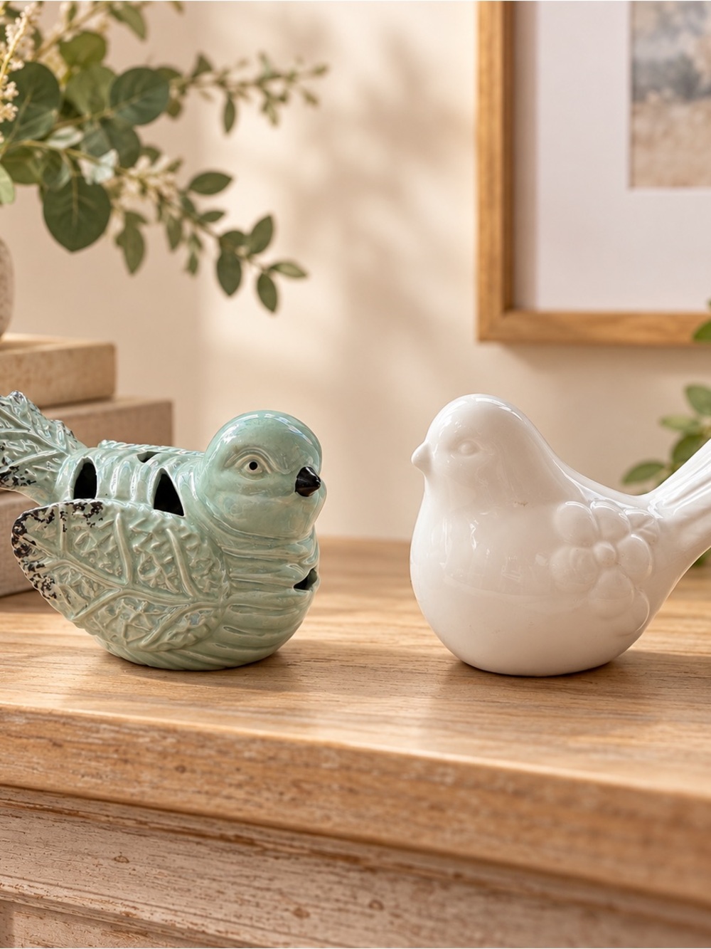 Ceramic Decorative Bird Figurines - Green & White